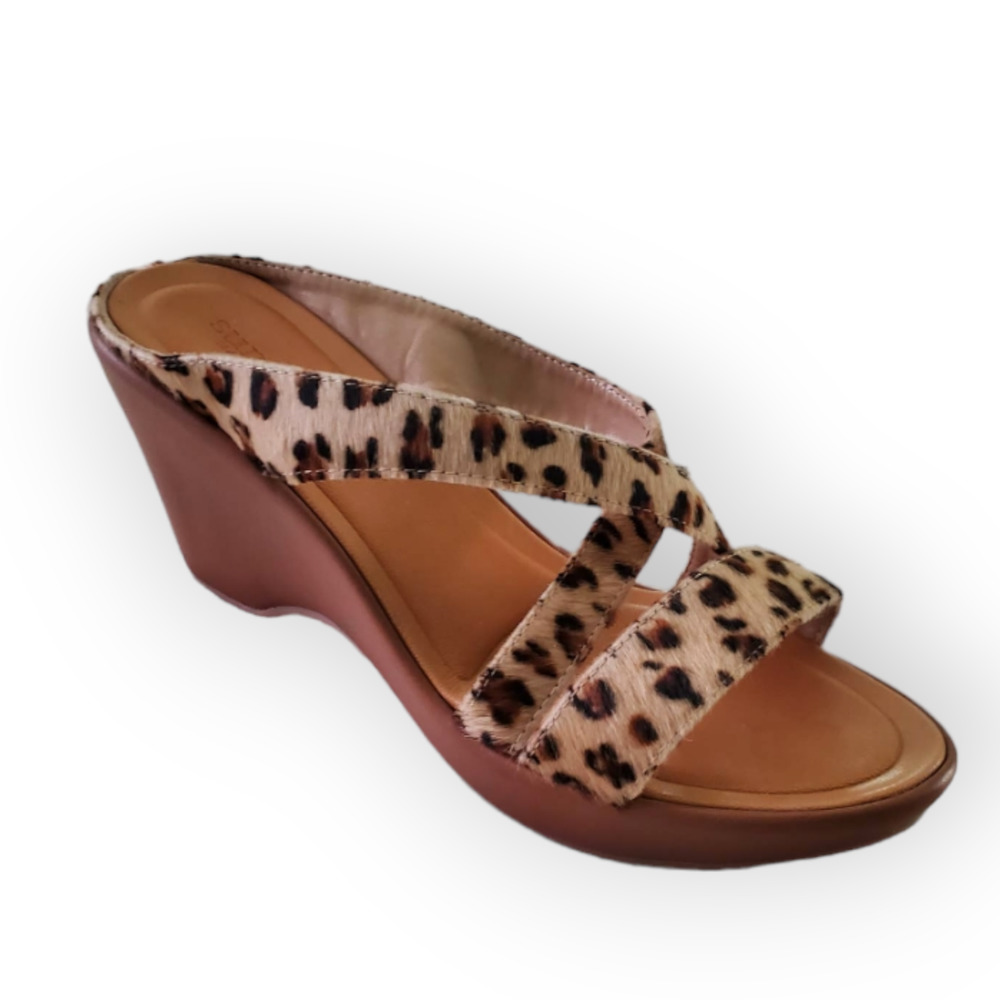 💥Sundance Italy Animal Print Calf Hair Wedge Sandals 7.5 Neutral Classic Norm